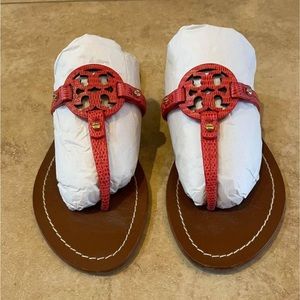 Tory Burch Women’s Mini Miller Sandals-Red Gabriel Croc Embossed